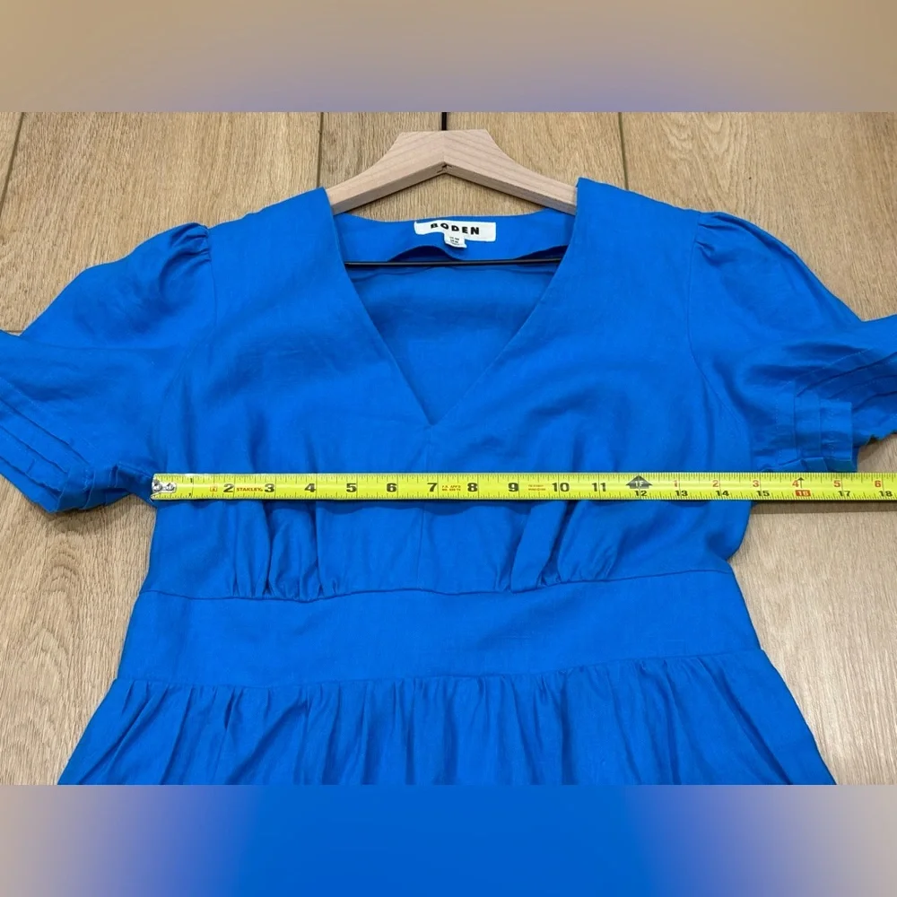 Boden 100% Linen Blue V-Neck Puff Sleeve Dress US 8R - Picture 9 of 11